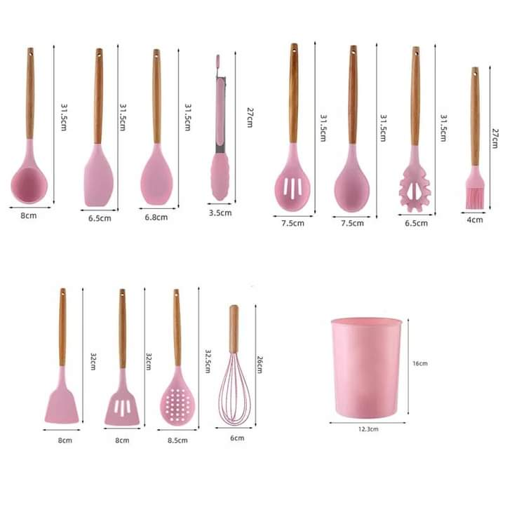 Silicone Kitchen Accessory Set with 12-Piece Storage Bucket (Wood + Silicone)
