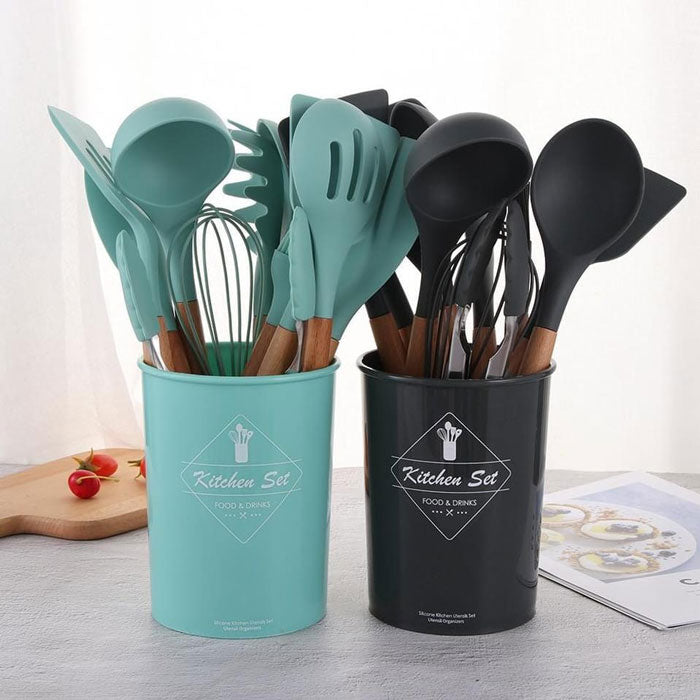 Silicone Kitchen Accessory Set with 12-Piece Storage Bucket (Wood + Silicone)