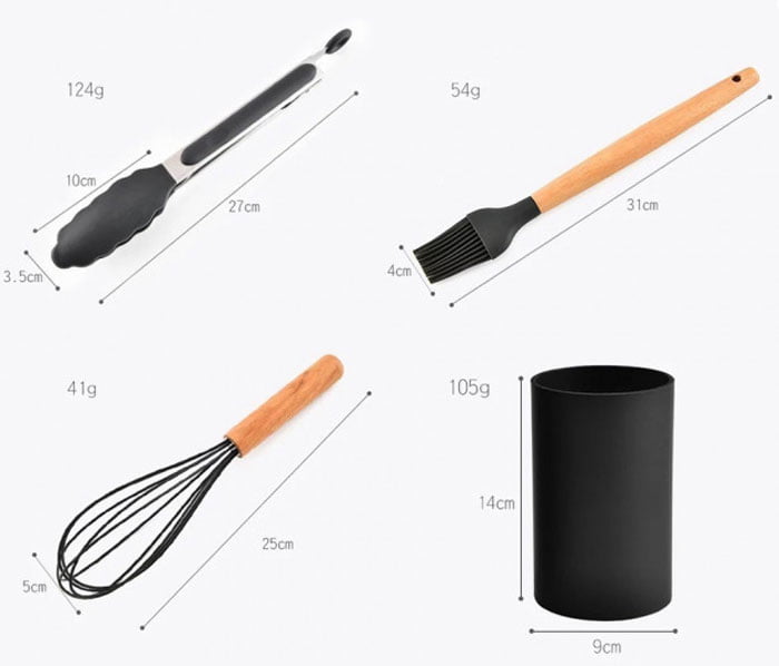 Silicone Kitchen Accessory Set with 12-Piece Storage Bucket (Wood + Silicone)