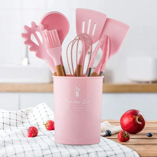 Silicone Kitchen Accessory Set with 12-Piece Storage Bucket (Wood + Silicone)