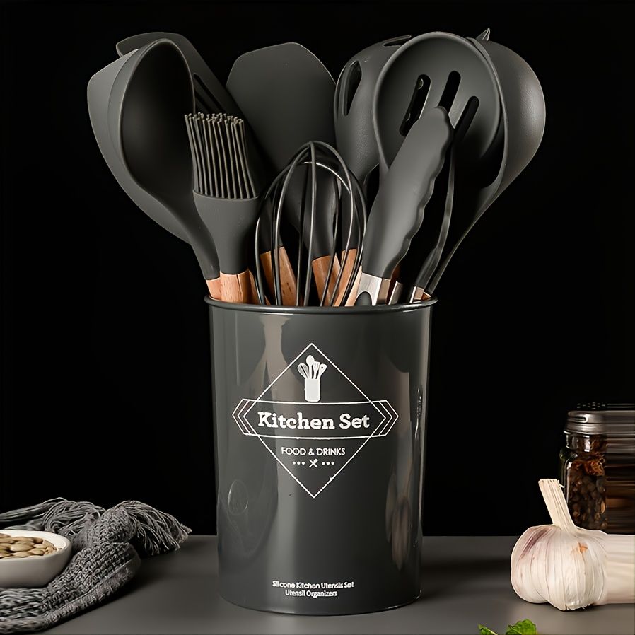 Silicone Kitchen Accessory Set with 12-Piece Storage Bucket (Wood + Silicone)