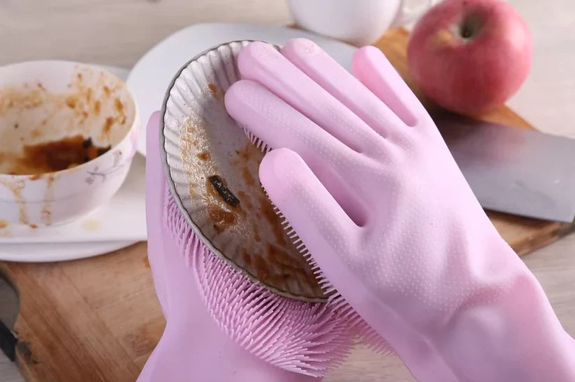 Reusable Silicone Dishwashing Gloves with Scrubber