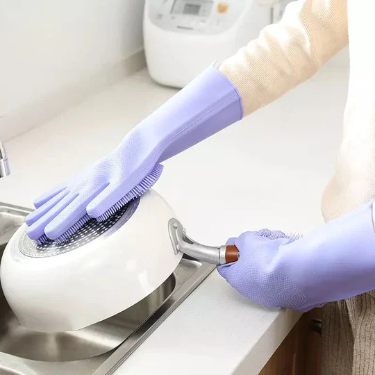 Reusable Silicone Dishwashing Gloves with Scrubber